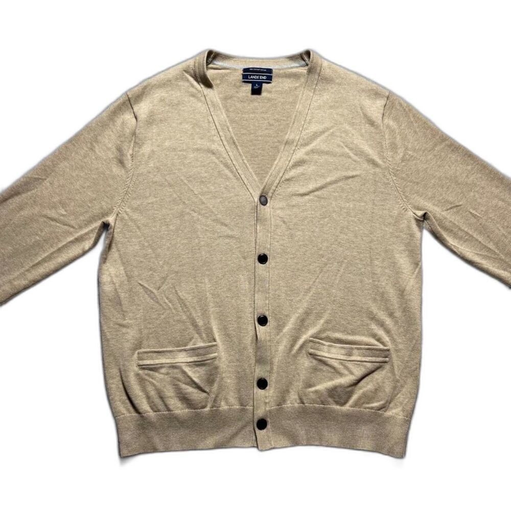 Lands End‎ Mens Supima Cotton Tan Button Up V-Neck Cardigan